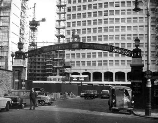 Photo:Arch of Watneys Brewery with Stag, looking northeast from Allington Street, 1961