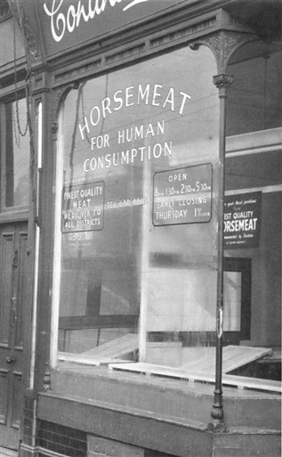 Photo:view of a shop selling horse meat in Harrow Road, 1953